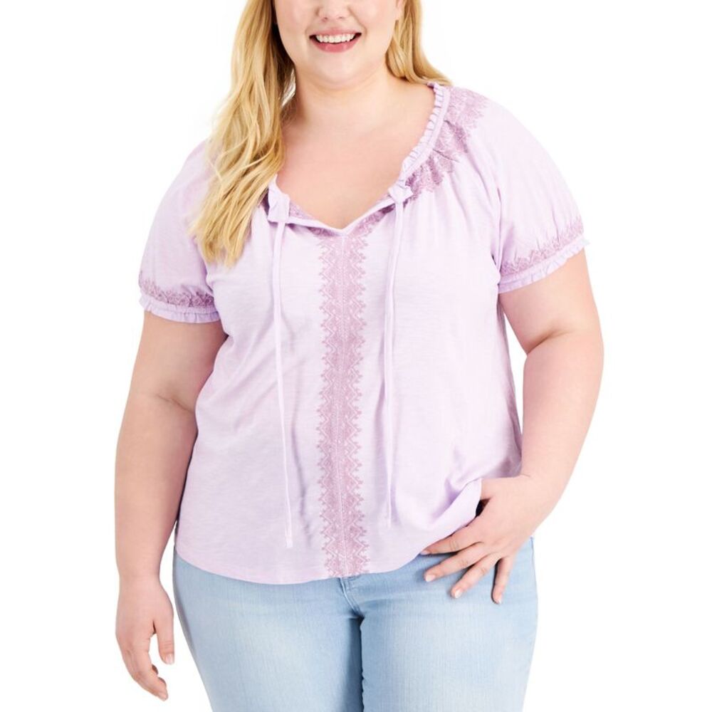 Style & Co Womens Embroidered Puff Sleeve Blouse